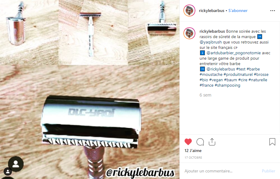 Post Instagram rasoir Yaqi Art du Barbier